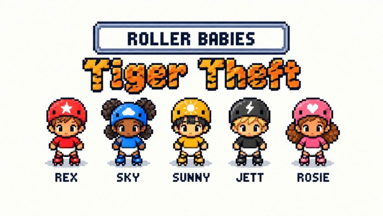 Rex, Sky, Sunny, Jett and Rosie on roller skates under the Tiger Theft title